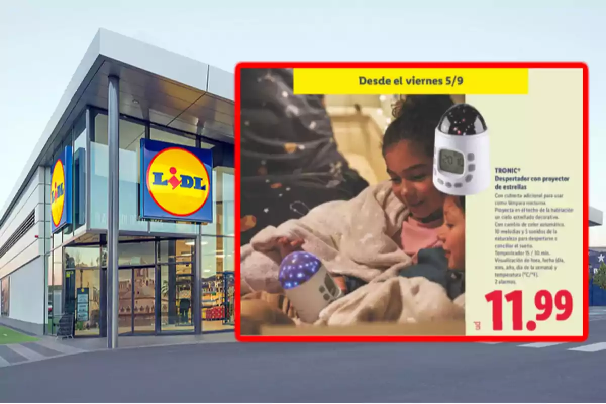 Façana d’una botiga Lidl amb un anunci d’un despertador amb projector d’estrelles en oferta per 11,99 euros