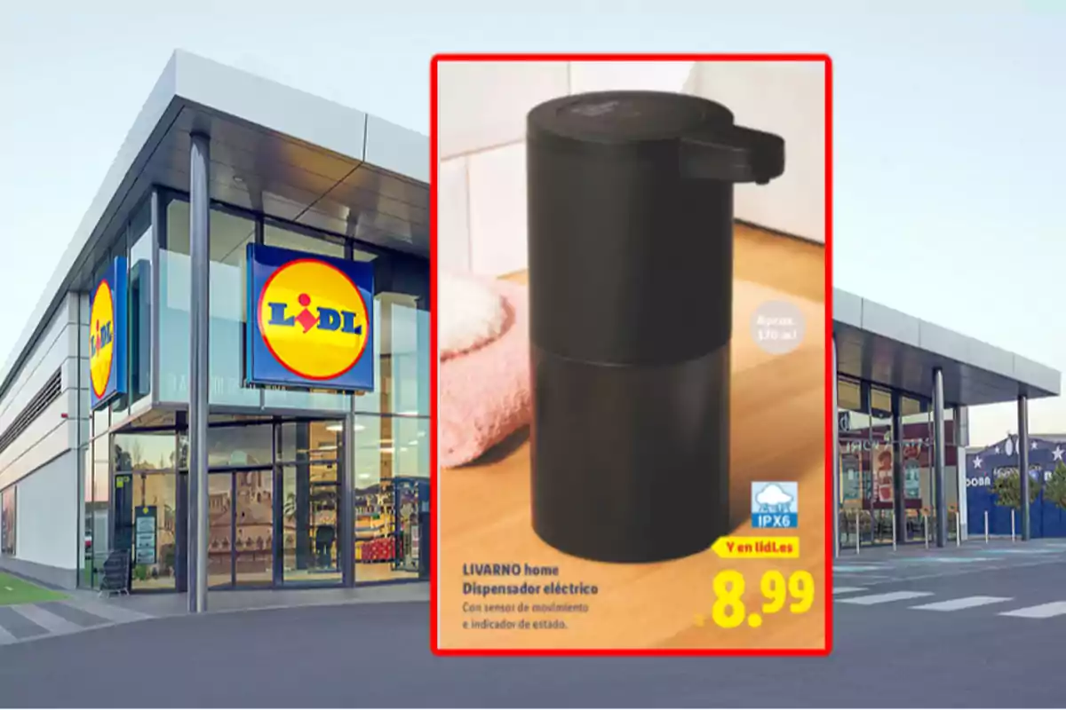 Façana d’una botiga Lidl amb un anunci d’un dispensador elèctric negre de la marca Livarno home en primer pla i preu de 8,99 euros
