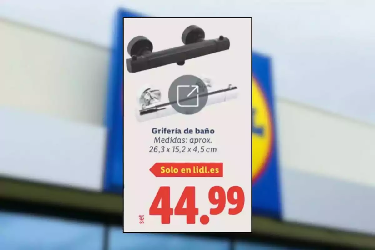 Publicitat de aixetes de bany disponible només a lidl.es amb un preu de 44,99 euros i dos models mostrats, un de negre i un de platejat.