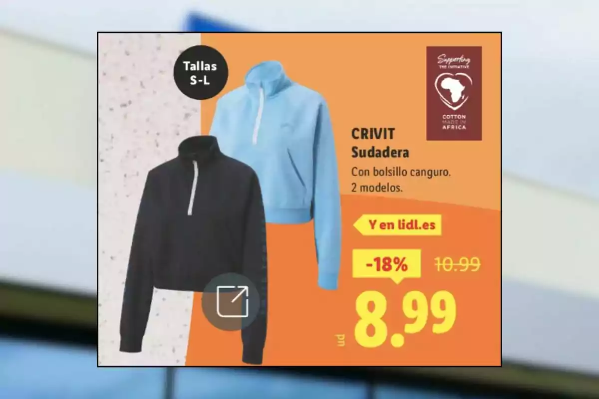 Oferta de dessuadores Crivit per a dona en colors negre i blau clar amb butxaca cangur disponibles en talles S a L amb un preu rebaixat a 8,99 euros Oferta de dessuadores Crivit per a dona en colors negre i blau clar amb butxaca cangur disponibles en talles S a L amb un preu rebaixat a 8,99 euros