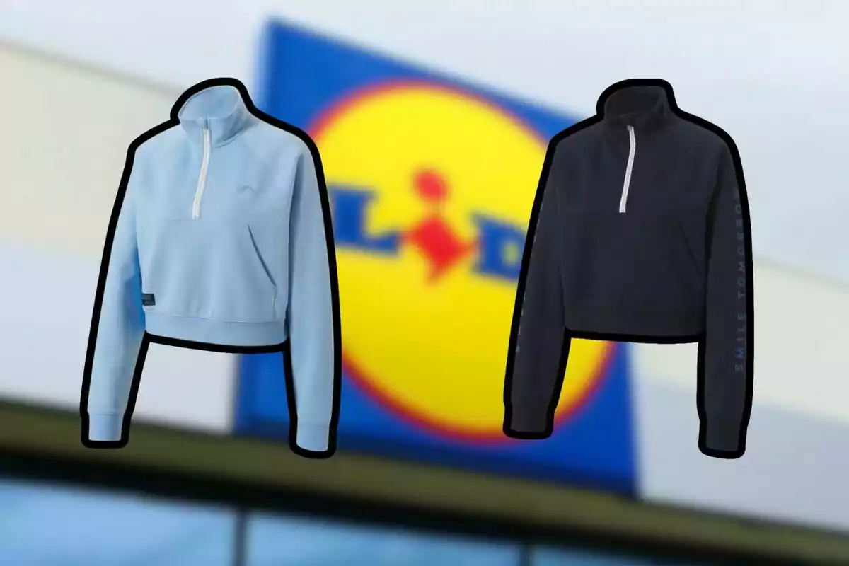 Dues dessuadores esportives, una de blau clar i una altra de negra, floten davant d’un cartell borros de la botiga Lidl. Dues dessuadores esportives, una de blau clar i una altra de negra, floten davant d’un cartell borros de la botiga Lidl.