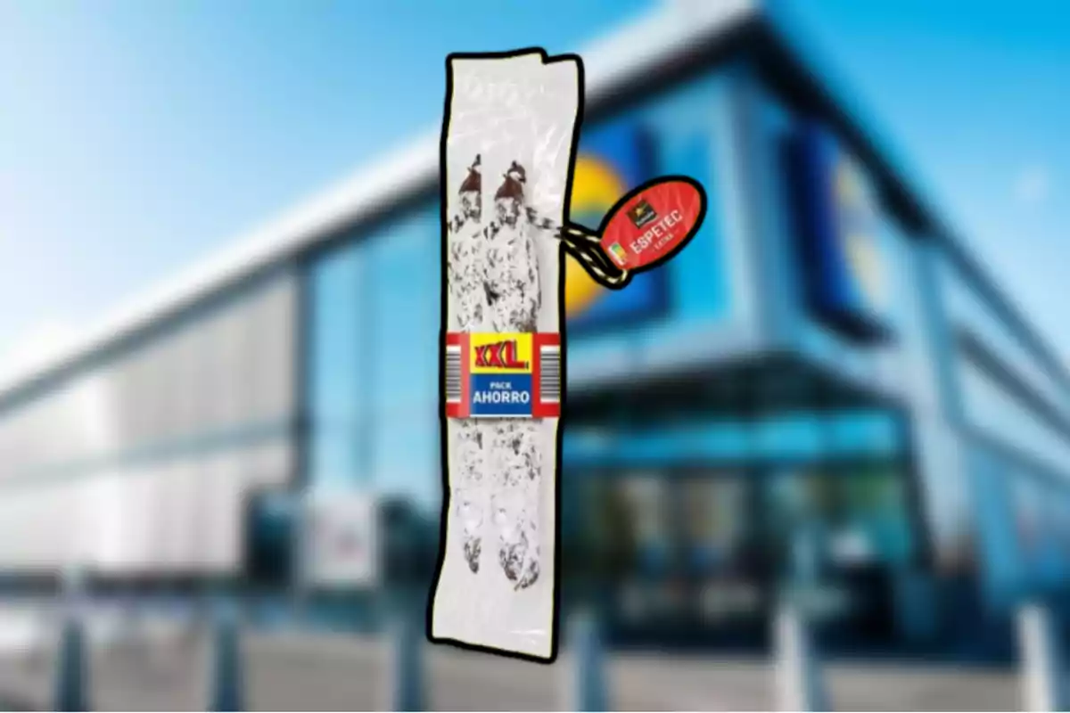 Paquet d’espetec XXL pack estalvi davant d’un supermercat desenfocat