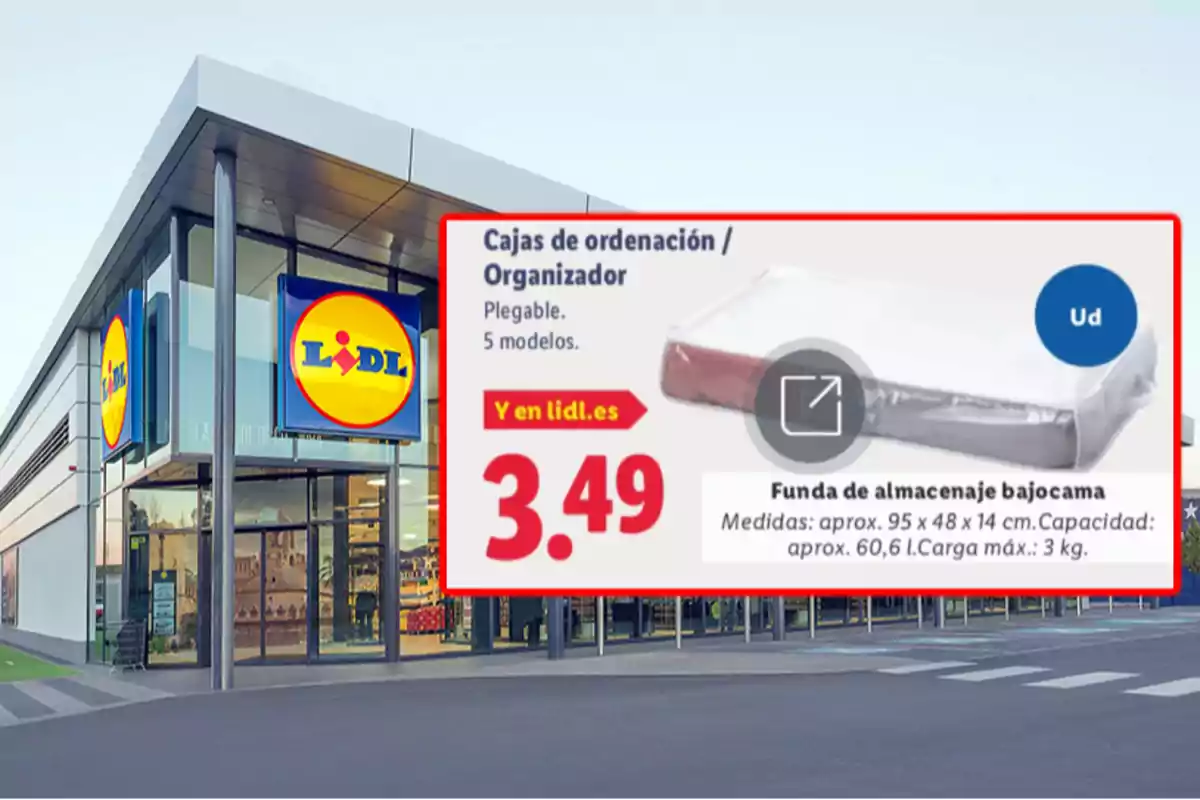 Façana d'una botiga Lidl amb un cartell promocional d'una funda d'emmagatzematge sota el llit a 3,49 euros