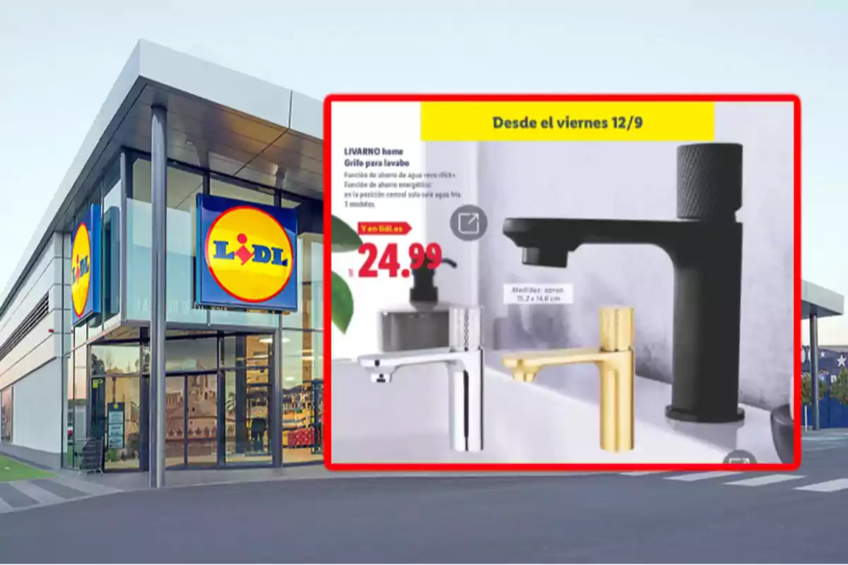 Façana d’una botiga Lidl amb un anunci de aixetes per a lavabo de diferents colors i el preu destacat en primer pla