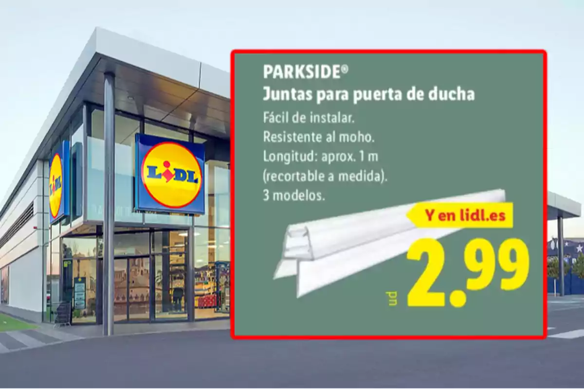Façana d’una botiga Lidl amb un anunci de juntes per a porta de dutxa Parkside a 2,99 euros destacant la seva fàcil instal·lació i resistència al floridura.