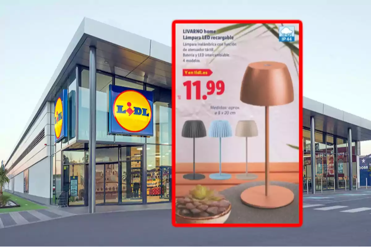 Façana d’una botiga Lidl amb un cartell promocional de làmpades LED recarregables de diferents colors i preu destacat en primer pla Façana d’una botiga Lidl amb un cartell promocional de làmpades LED recarregables de diferents colors i preu destacat en primer pla