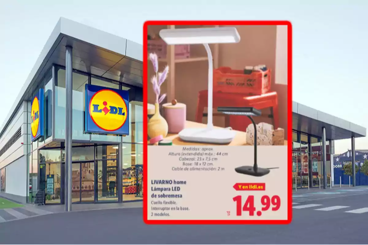 Fachada de una tienda Lidl con un anuncio de lámparas LED de sobremesa en color blanco y negro con precio de 14.99 euros