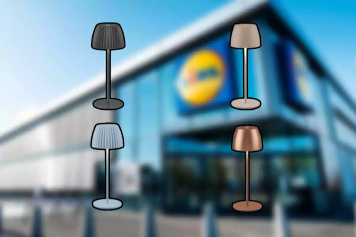Quatre làmpades de diferents colors són sobre un fons borros d’una botiga amb el logotip de Lidl. Quatre làmpades de diferents colors són sobre un fons borros d’una botiga amb el logotip de Lidl.