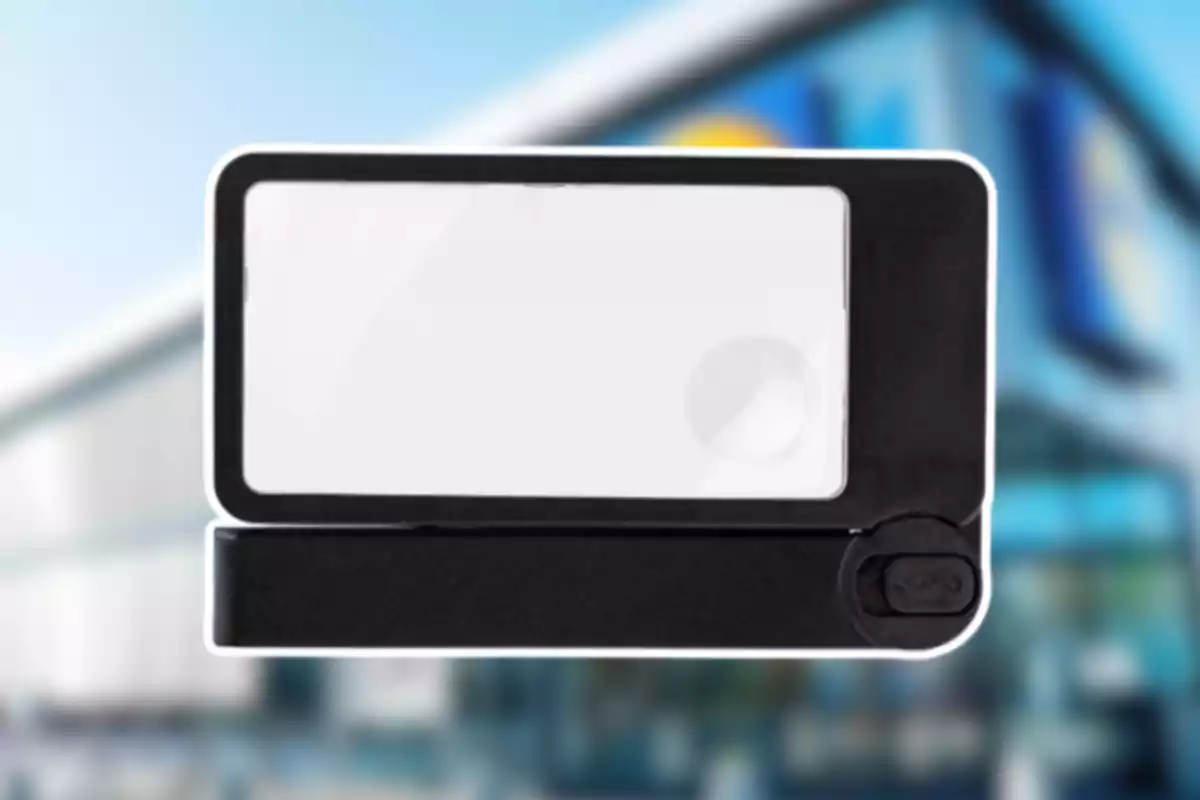 Lupa rectangular de mà amb marc negre i fons borros d’edifici modern