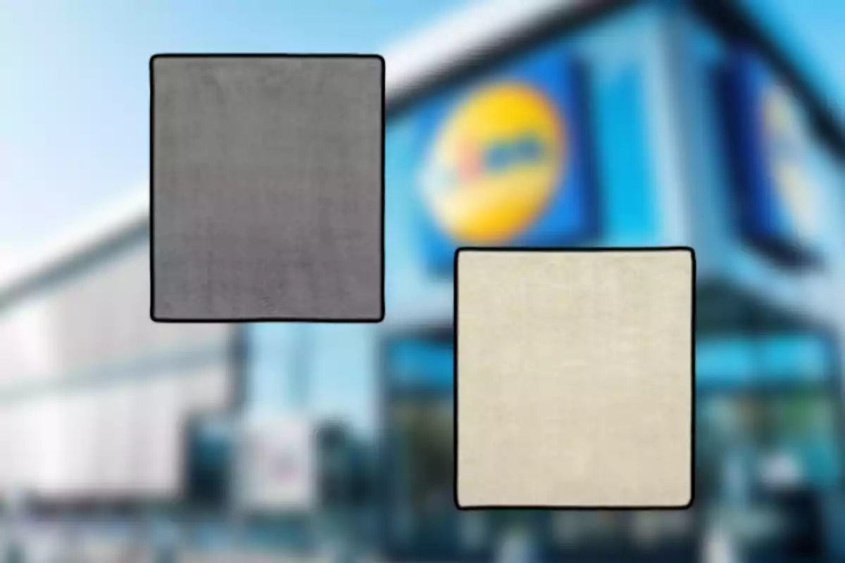 Dues catifes quadrades, una grisa i una beix, sobre un fons desenfocat d’una botiga Dues catifes quadrades, una grisa i una beix, sobre un fons desenfocat d’una botiga