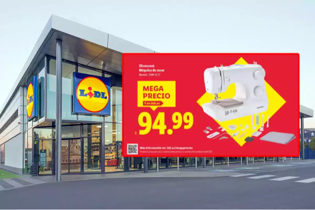 Fachada de una tienda Lidl con un anuncio grande de una máquina de coser Silvercrest en oferta por 94.99 euros Fachada de una tienda Lidl con un anuncio grande de una máquina de coser Silvercrest en oferta por 94.99 euros