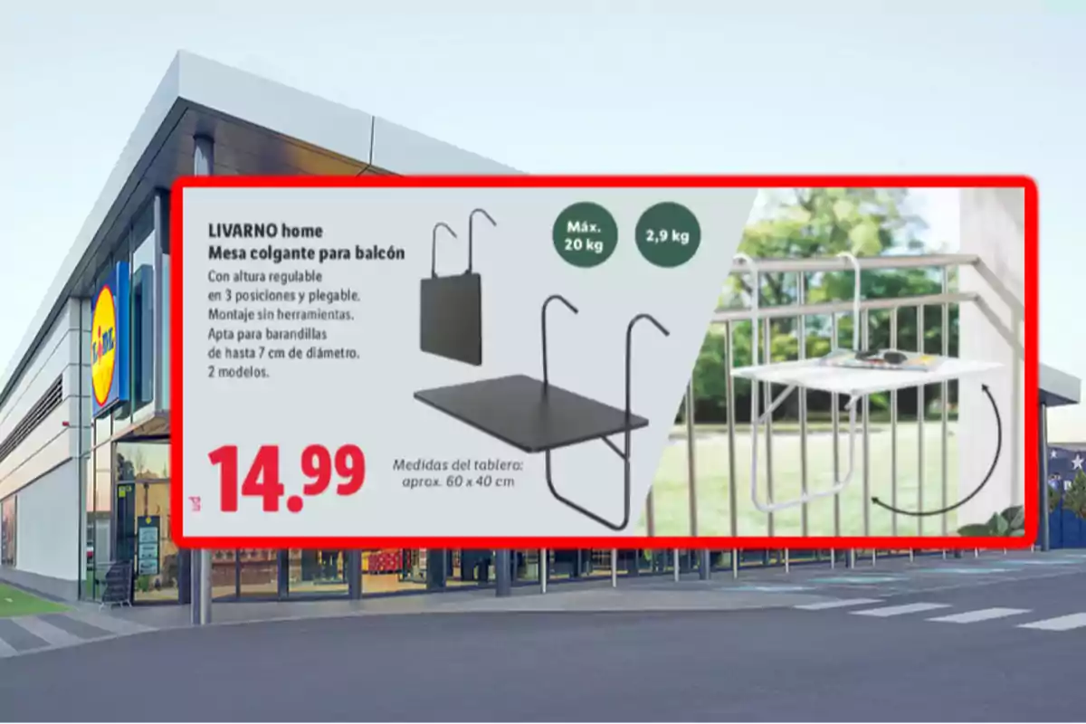 Publicitat d’una taula penjant per a balcó de la marca LIVARNO home en un cartell davant d’una botiga Lidl mostrant el preu de 14,99 euros i les característiques del producte Publicitat d’una taula penjant per a balcó de la marca LIVARNO home en un cartell davant d’una botiga Lidl mostrant el preu de 14,99 euros i les característiques del producte