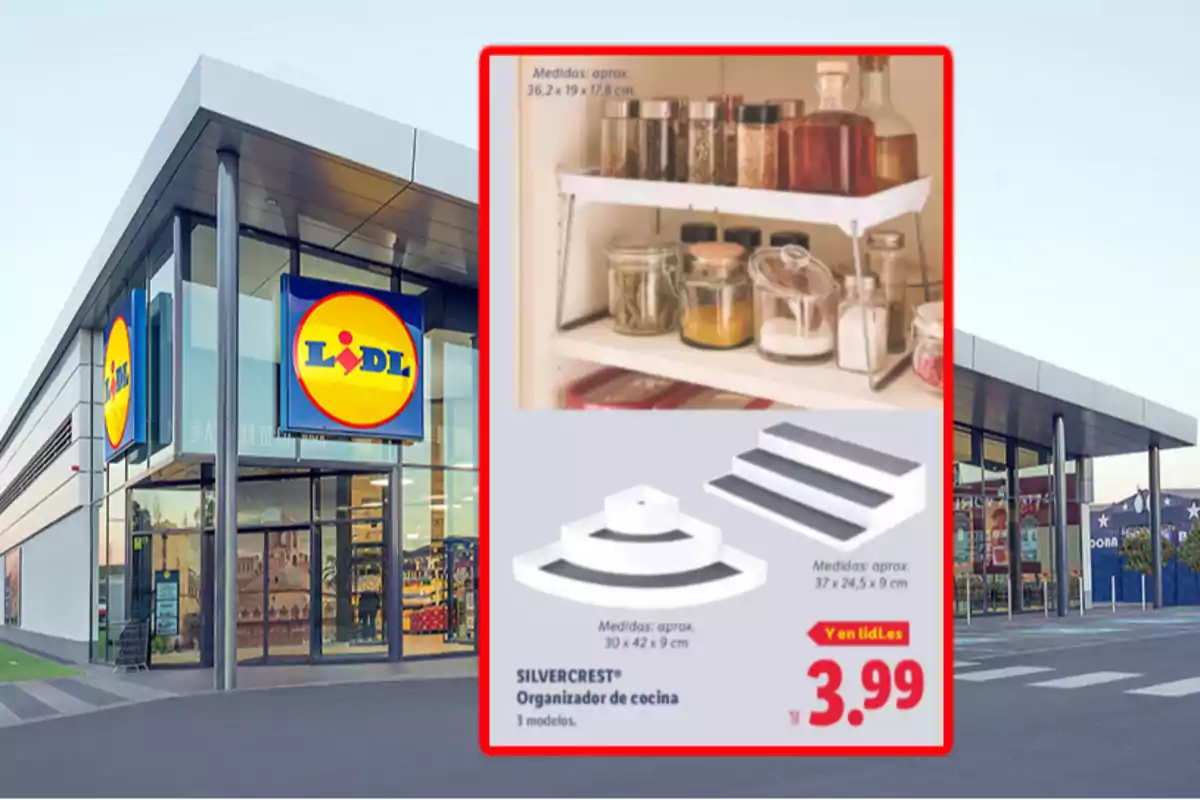 Façana d’una botiga Lidl amb un anunci d’organitzadors de cuina Silvercrest en oferta per 3,99 euros