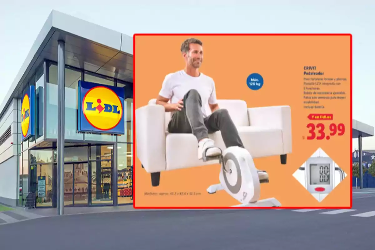 Façana d’una botiga Lidl amb un anunci d’un pedalador Crivit en oferta per 33,99 euros mostrant un home utilitzant-lo assegut en un sofà Façana d’una botiga Lidl amb un anunci d’un pedalador Crivit en oferta per 33,99 euros mostrant un home utilitzant-lo assegut en un sofà