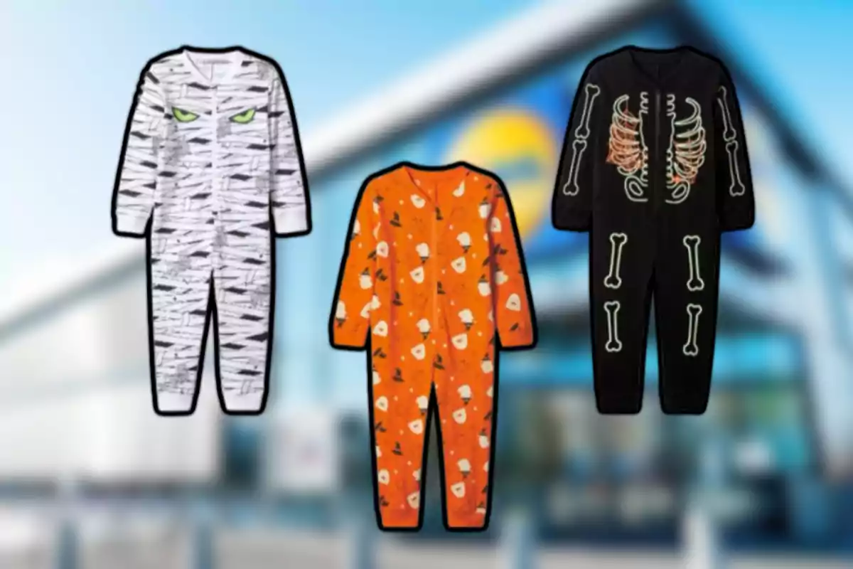 Tres pijames infantils amb temàtica de Halloween estan exposats davant d’una botiga, un amb disseny de mòmia, un altre taronja amb dibuixos de carbasses i fantasmes, i el tercer amb un estampat d’esquelet. Tres pijames infantils amb temàtica de Halloween estan exposats davant d’una botiga, un amb disseny de mòmia, un altre taronja amb dibuixos de carbasses i fantasmes, i el tercer amb un estampat d’esquelet.