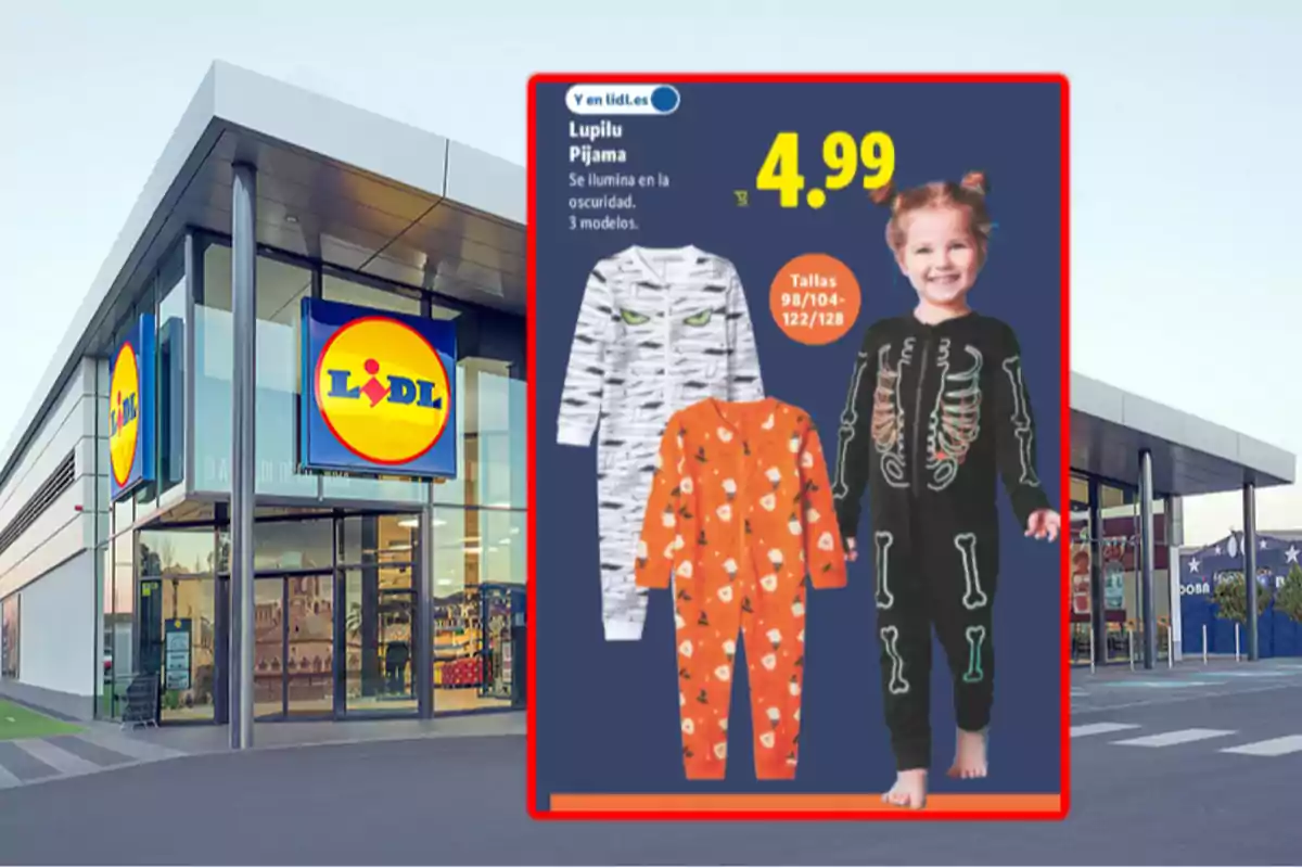 Façana d’una botiga Lidl amb un anunci de pijames infantils de Halloween que brillen en la foscor i costen 4,99 euros. Façana d’una botiga Lidl amb un anunci de pijames infantils de Halloween que brillen en la foscor i costen 4,99 euros.