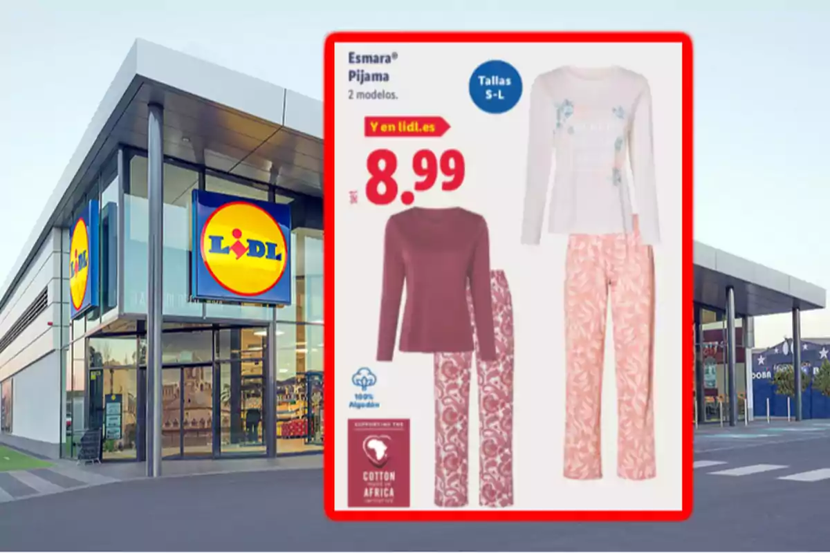 Façana d’una botiga Lidl amb un anunci de pijames Esmara per a dona en dos models i preu de 8,99 euros