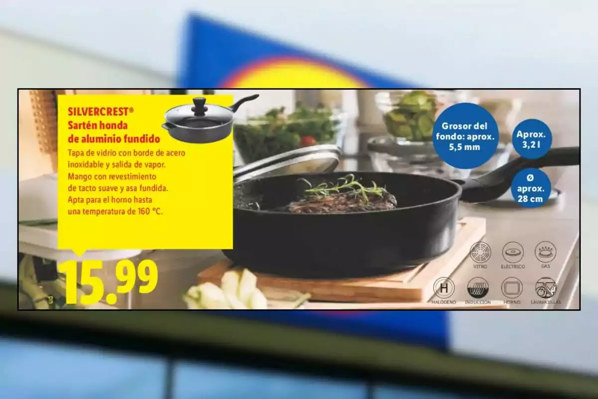 Paella fonda d’alumini fos Silvercrest amb tapa de vidre i vora d’acer inoxidable, mànec amb revestiment suau, apta per a forn fins a 160 graus, capacitat de 3,2 litres, diàmetre de 28 cm, gruix del fons de 5,5 mm, compatible amb vitroceràmica, elèctric, gas, halogen, inducció, forn i rentavaixelles, preu de 15,99 euros.