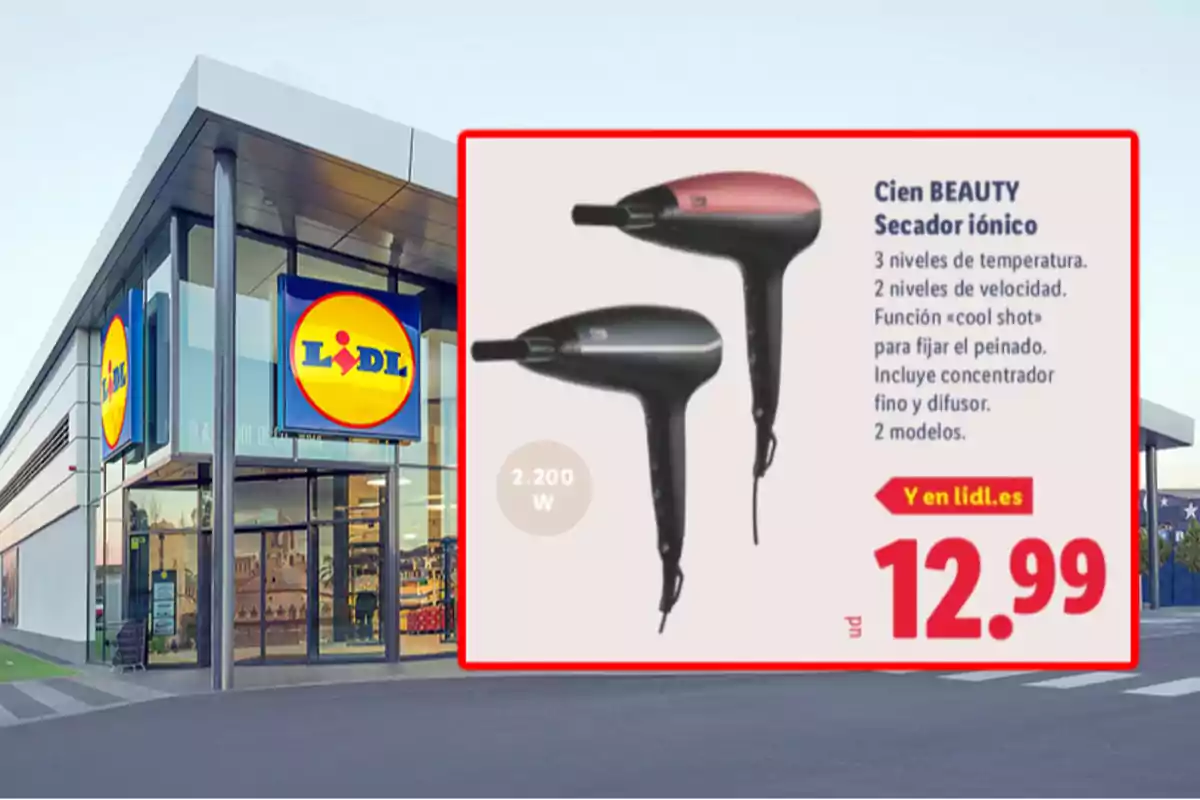 Façana d’una botiga Lidl amb un anunci d’assecador iònic Cien Beauty en dos colors diferents i preu de 12,99 euros