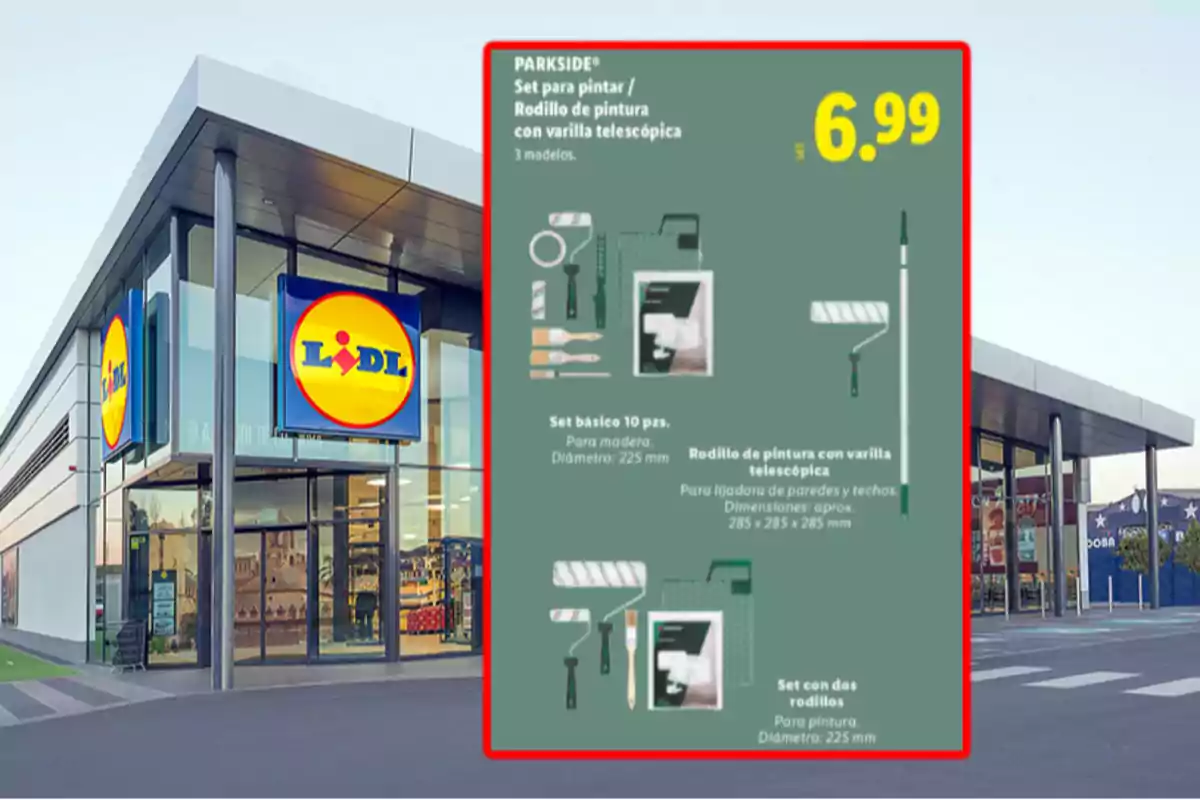 Façana d'una botiga Lidl amb un cartell promocional d'un set de pintura Parkside a 6,99 euros