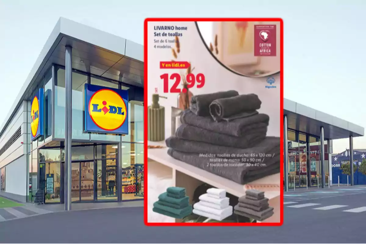Façana d’una botiga Lidl amb un anunci d’un joc de tovalloles Livarno Home en oferta per 12,99 euros