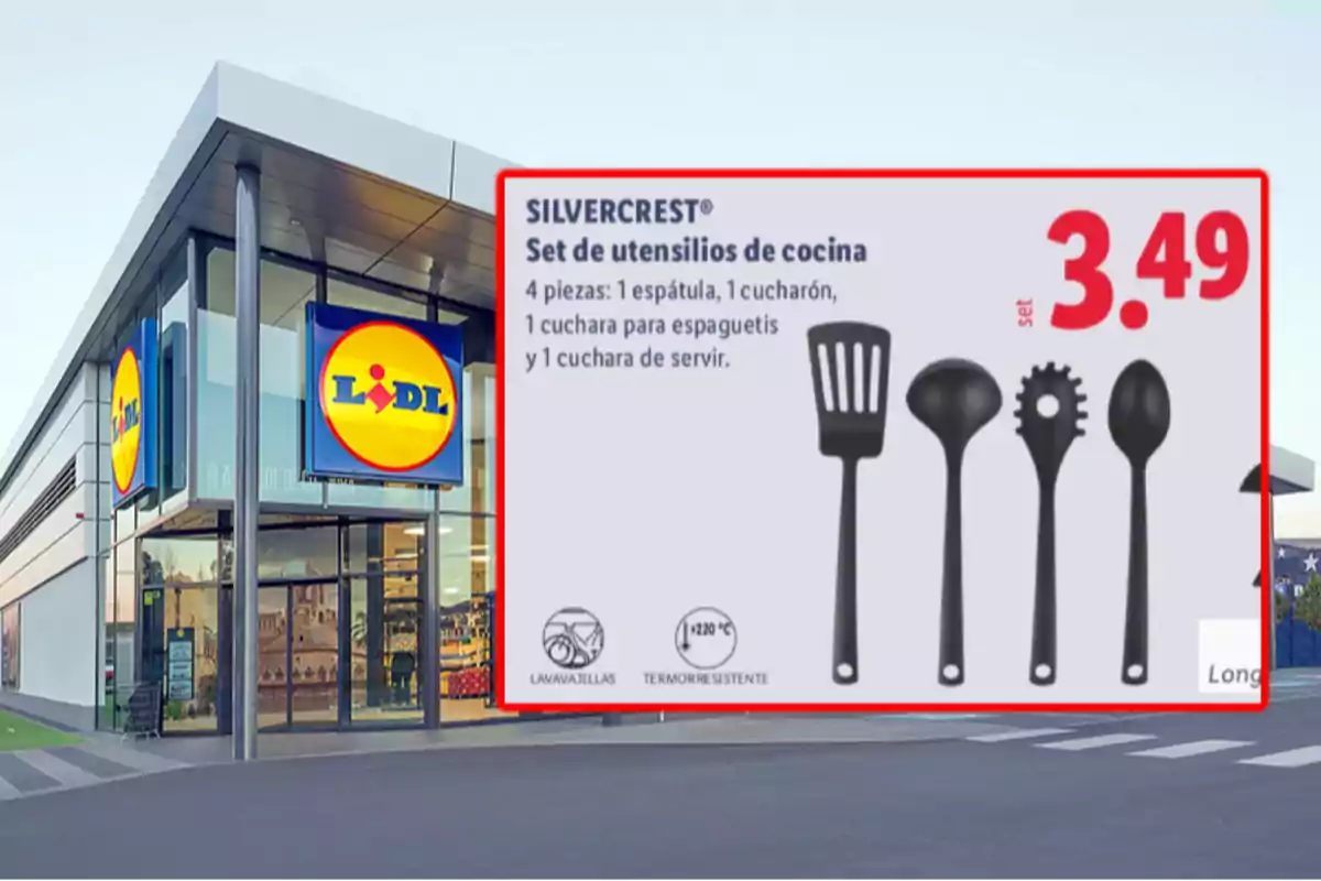 Fachada de una tienda Lidl con un anuncio de un set de utensilios de cocina Silvercrest de cuatro piezas a un precio de 3.49 euros