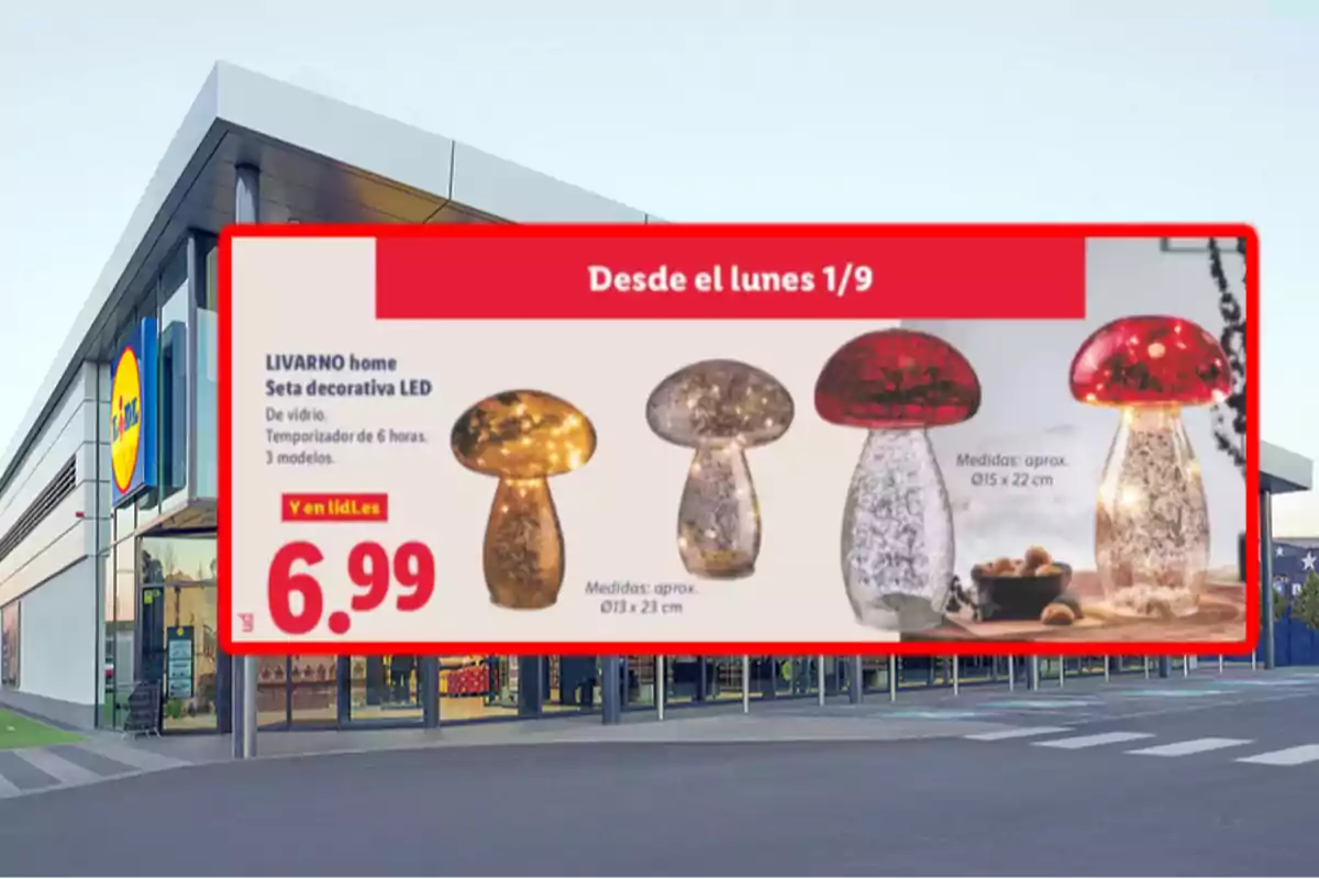 Publicitat d’una botiga Lidl mostrant una oferta de bolets decoratius LED de vidre en tres models diferents amb un preu de 6,99 euros disponible a partir de dilluns 1 de setembre