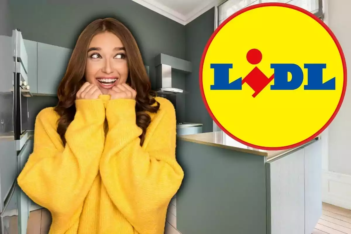 Dona somrient amb jersei groc en una cuina moderna al costat del logotip de Lidl Dona somrient amb jersei groc en una cuina moderna al costat del logotip de Lidl