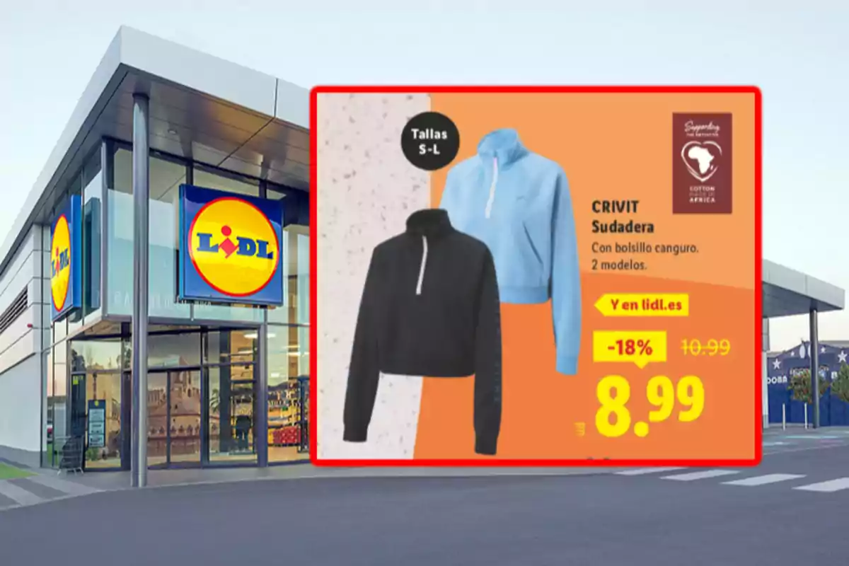 Façana d’una botiga Lidl amb un anunci de dessuadores Crivit en colors negre i blau clar en oferta per 8,99 euros Façana d’una botiga Lidl amb un anunci de dessuadores Crivit en colors negre i blau clar en oferta per 8,99 euros