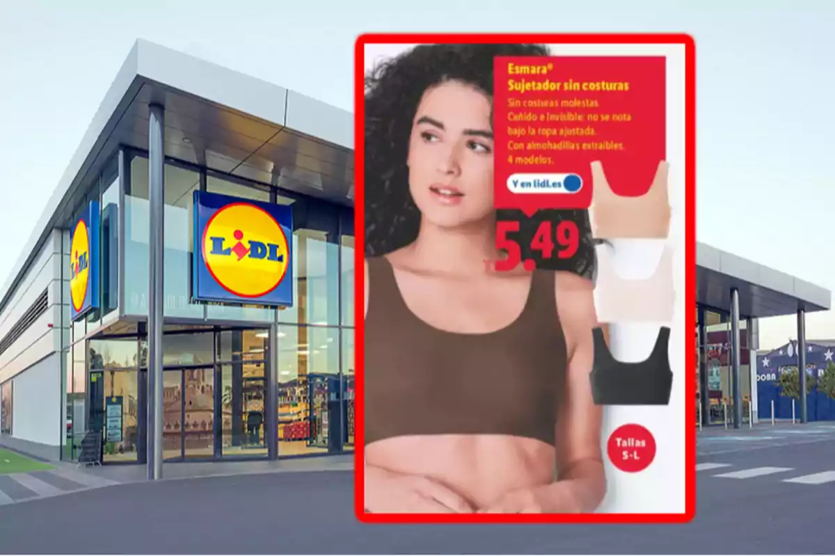 Fachada de una tienda Lidl con un cartel promocional de sujetadores sin costuras Esmara en diferentes colores y precio de 5,49 euros