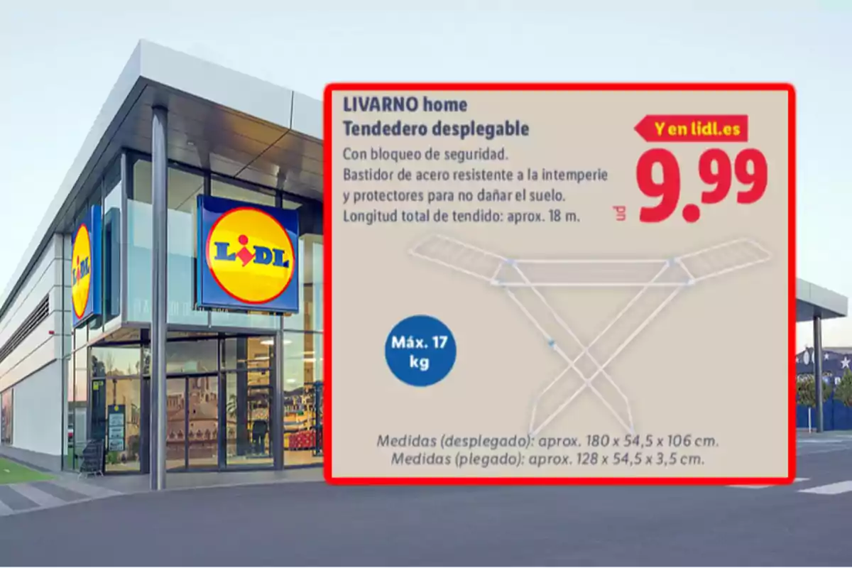 Façana d’una botiga Lidl amb un anunci d’un estenedor plegable Livarno home en oferta per 9,99 euros, destacant-ne les característiques i mesures.