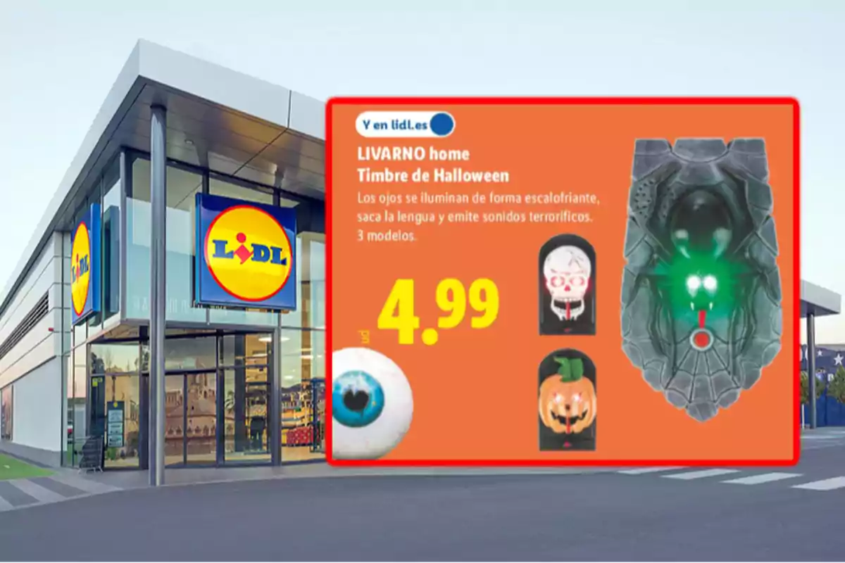 Façana d’una botiga Lidl amb un anunci de timbres de Halloween a 4,99 euros, mostrant models en forma de calavera, carbassa i aranya