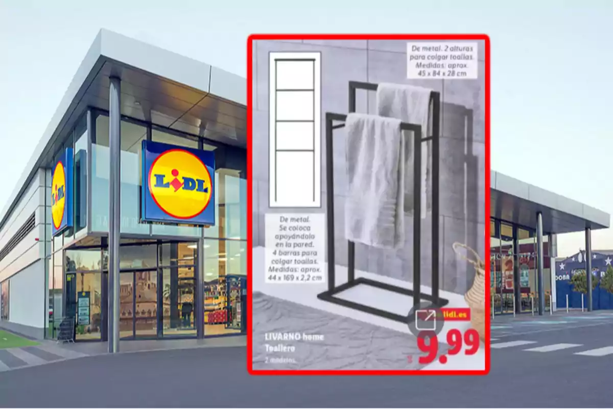 Façana d’una botiga Lidl amb un anunci destacat d’un tovalloler metàl·lic de dues altures en oferta per 9,99 euros