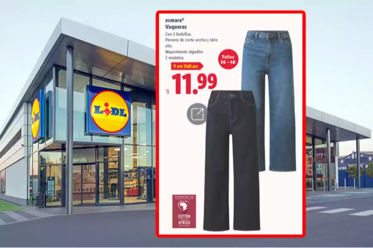 Botiga Lidl amb un cartell promocional de texans Esmara en dos colors diferents a un preu de 11,99 euros