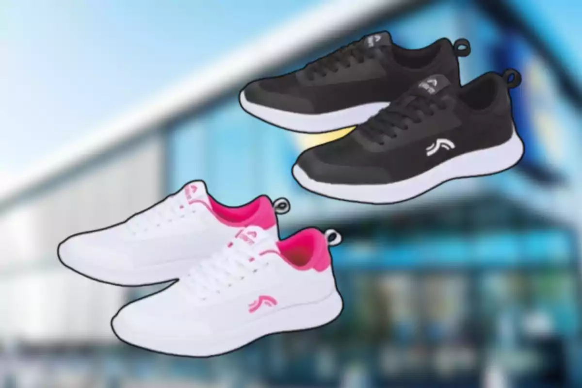 Dos parells de sabatilles esportives, un de color negre amb sola blanca i un altre de color blanc amb detalls roses, sobre un fons desenfocat d’un edifici modern.