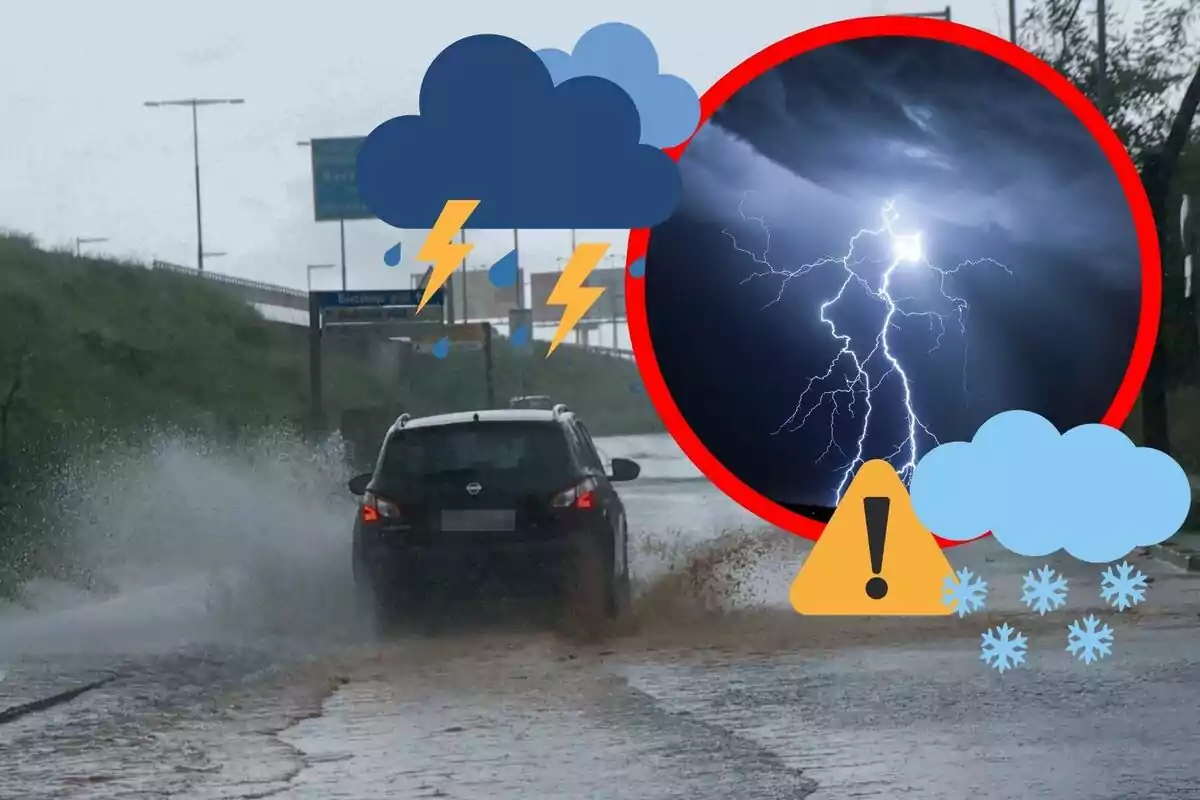 Un coche circula por una carretera mojada bajo la lluvia intensa, con gráficos de tormenta, rayos y advertencia de clima severo superpuestos en la imagen.