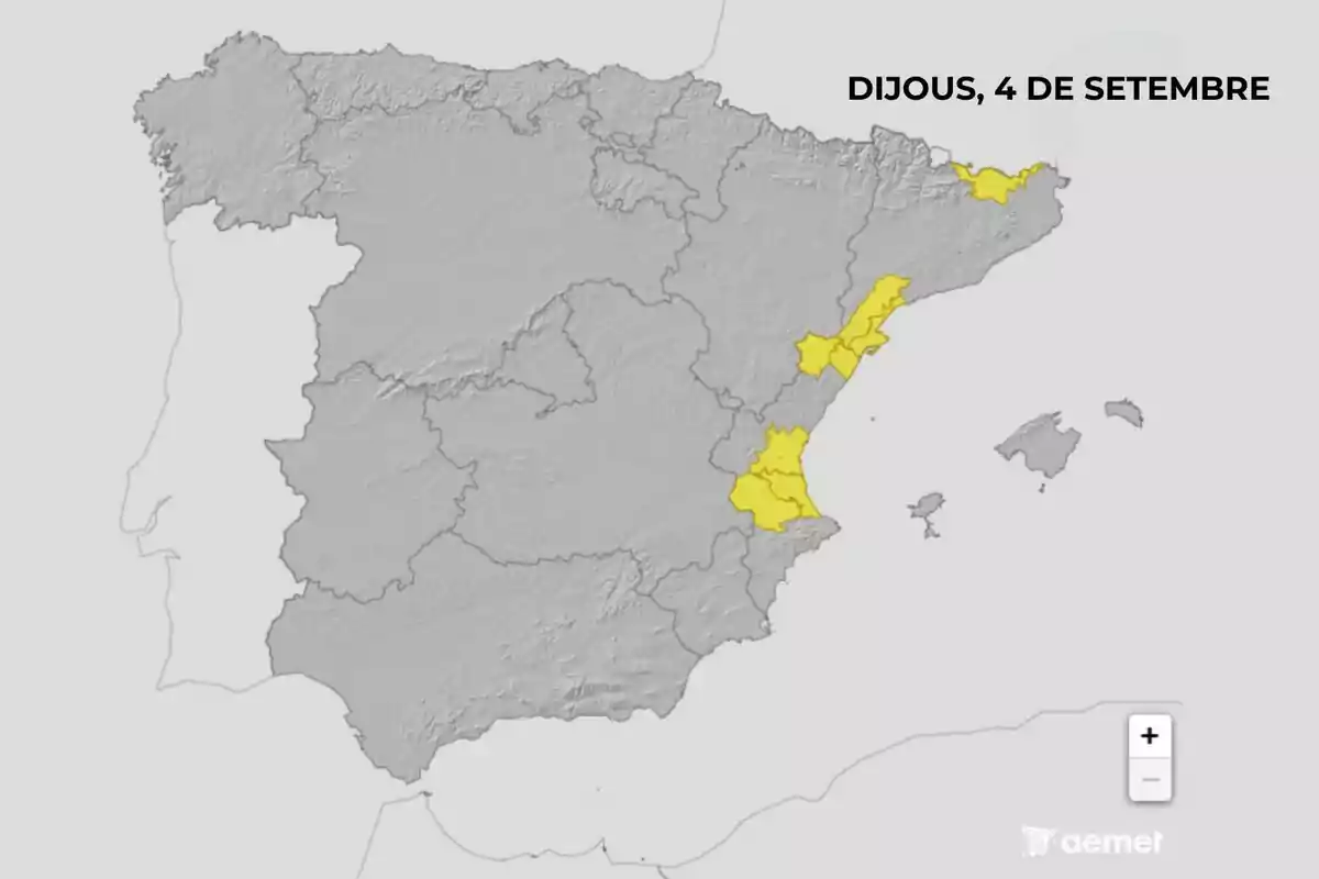 Mapa d’Espanya amb diverses zones de l’est i nord-est ressaltades en groc i la data dijous 4 de setembre escrita a la part superior dreta.