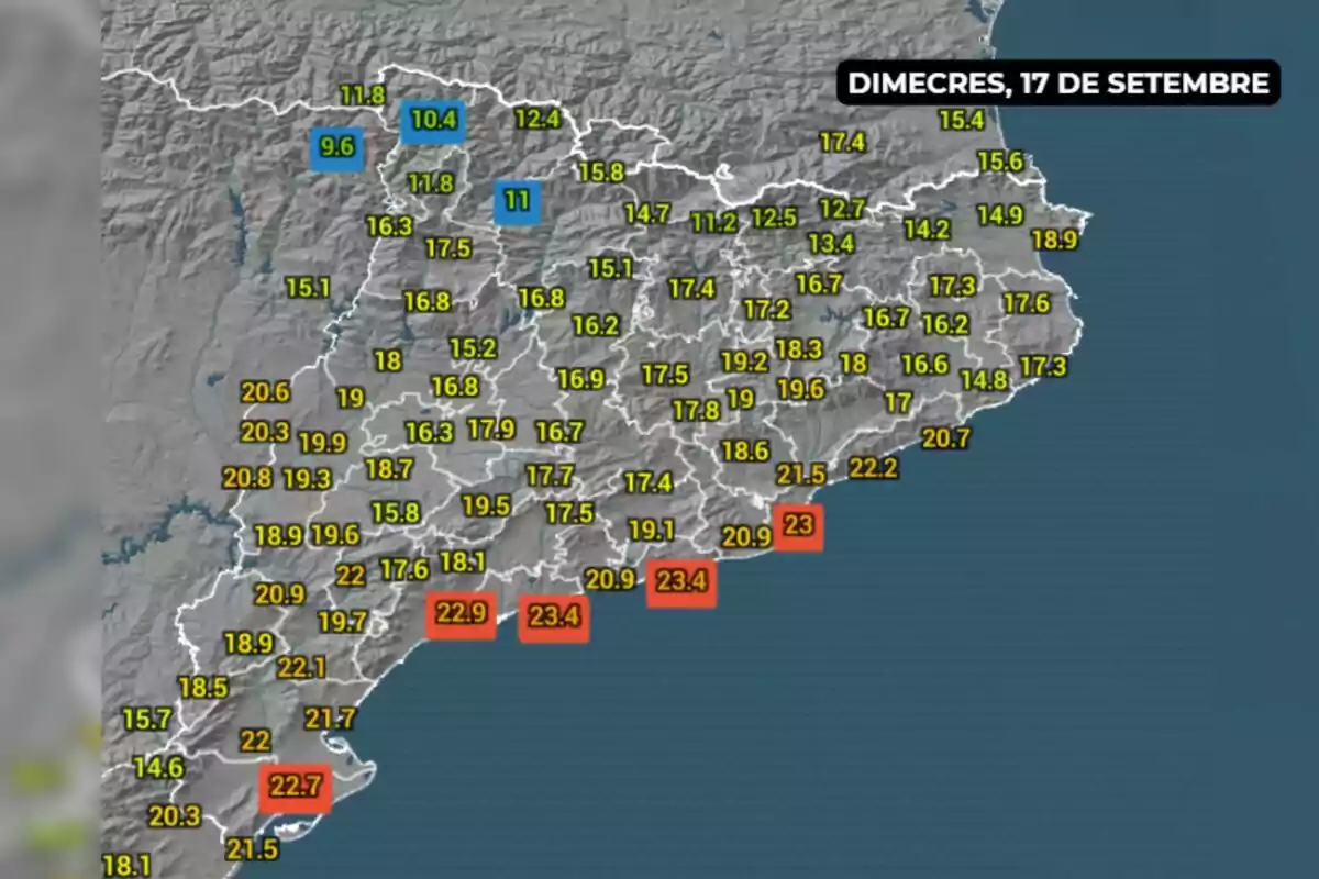 Mapa de temperatures màximes a diferents localitats de Catalunya el dimecres 17 de setembre, amb valors destacats a la costa i zones interiors.