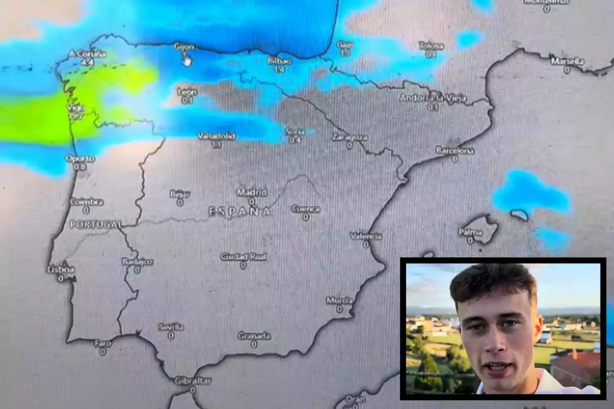 Mapa meteorológico de España y Portugal con zonas de lluvia en el norte y Jorge Rey hablando en un recuadro en la esquina inferior derecha. Mapa meteorológico de España y Portugal con zonas de lluvia en el norte y Jorge Rey hablando en un recuadro en la esquina inferior derecha.