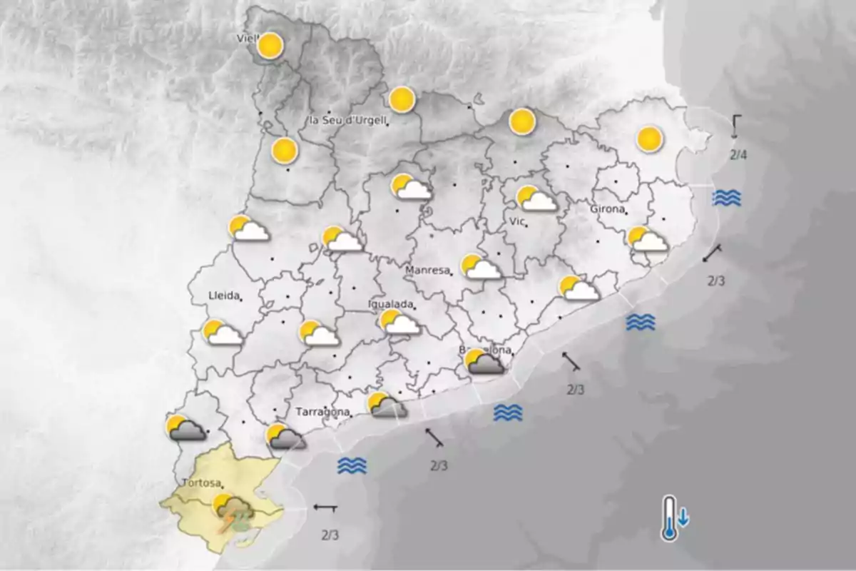 Mapa meteorológico de Cataluña con predominio de cielos parcialmente nublados, algunas zonas soleadas y tormentas localizadas en el área de Tortosa, además de indicaciones de viento y descenso de temperatura Mapa meteorológico de Cataluña con predominio de cielos parcialmente nublados, algunas zonas soleadas y tormentas localizadas en el área de Tortosa, además de indicaciones de viento y descenso de temperatura
