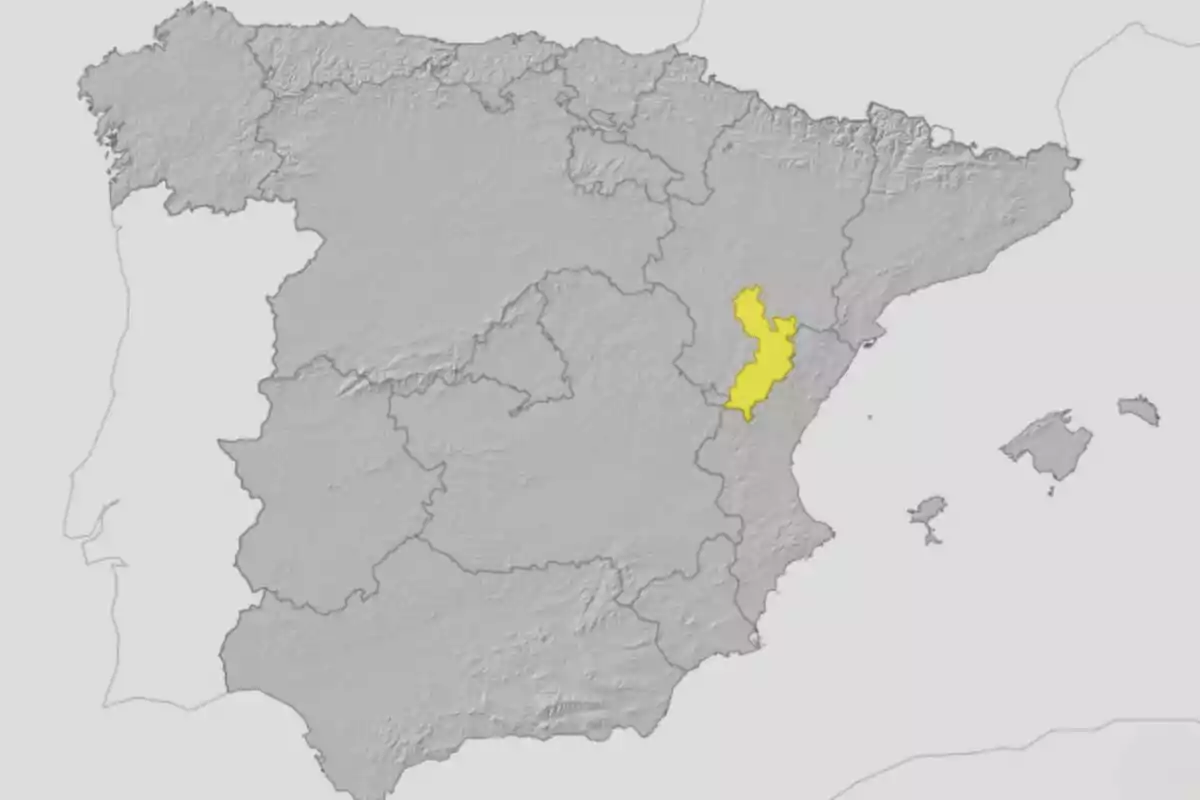 Mapa d’Espanya amb la Comunitat Valenciana ressaltada en groc Mapa d’Espanya amb la Comunitat Valenciana ressaltada en groc