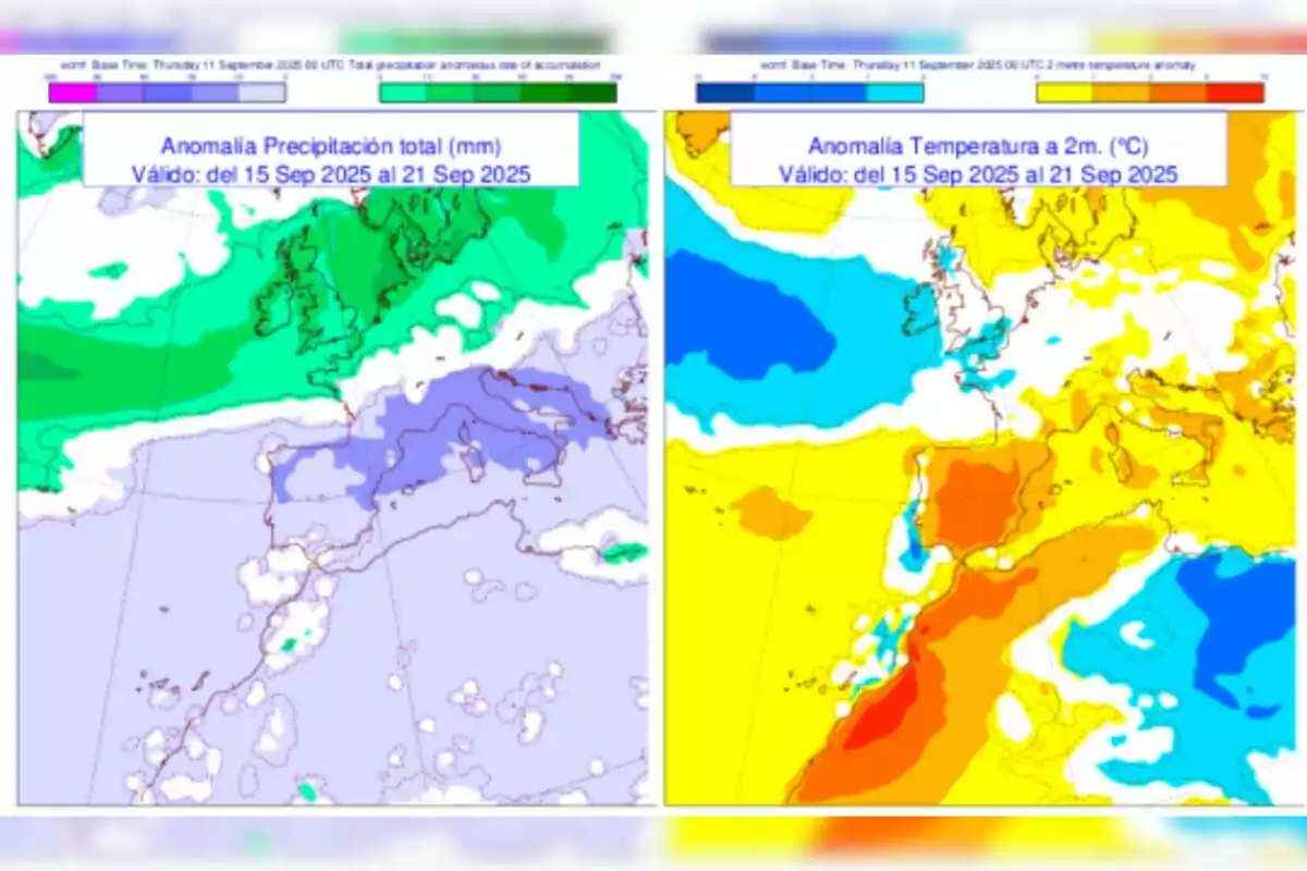 Mapa comparatiu d’Europa i el nord d’Àfrica que mostra anomalies de precipitació i temperatura previstes per al setembre de 2025. Mapa comparatiu d’Europa i el nord d’Àfrica que mostra anomalies de precipitació i temperatura previstes per al setembre de 2025.