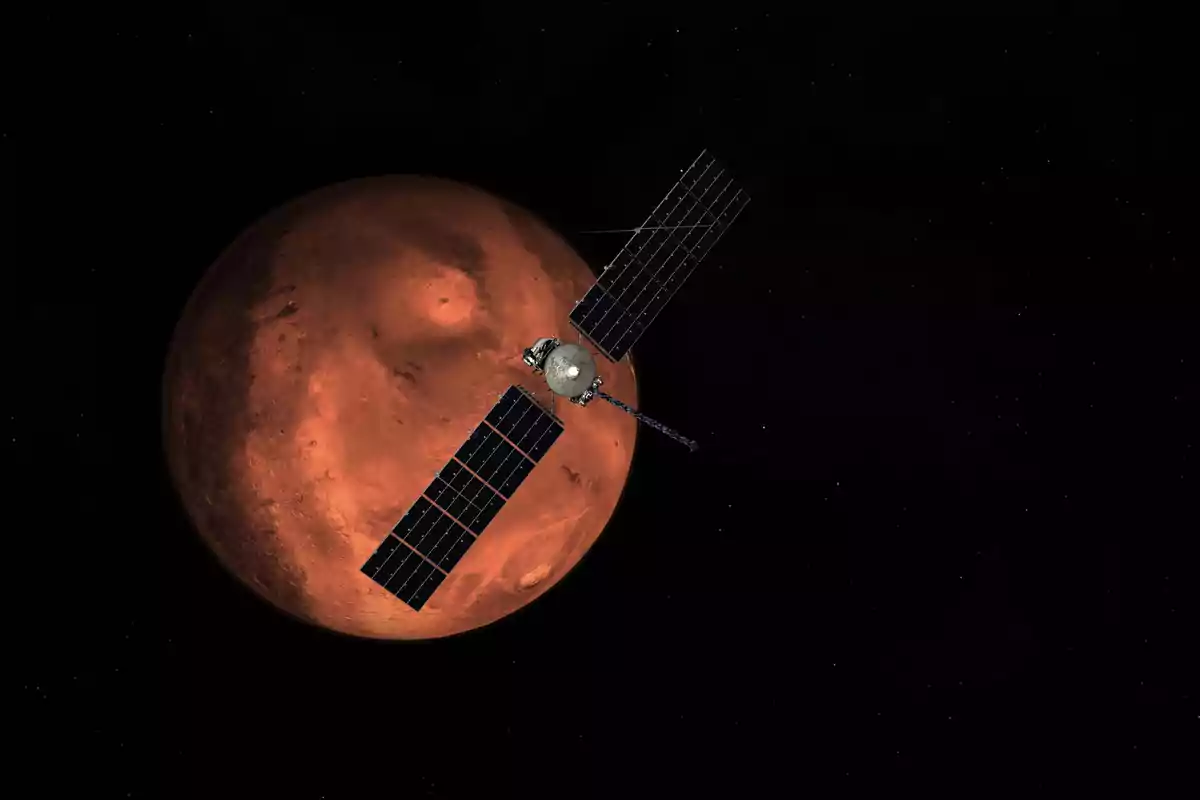 Sonda espacial orbitant el planeta Mart a l'espai exterior Sonda espacial orbitant el planeta Mart a l'espai exterior