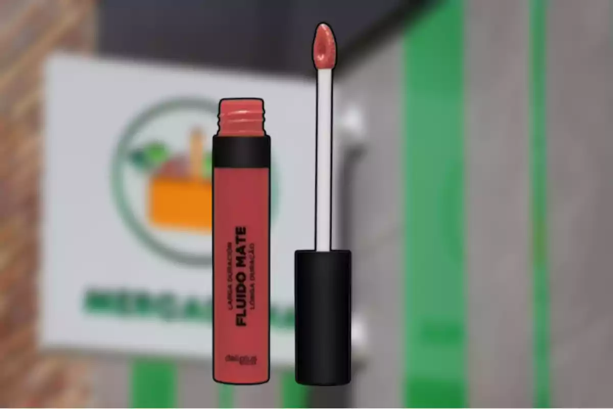 Un pintallavis líquid mat de color rosa amb el seu aplicador, sobre un fons desenfocat d’una botiga.