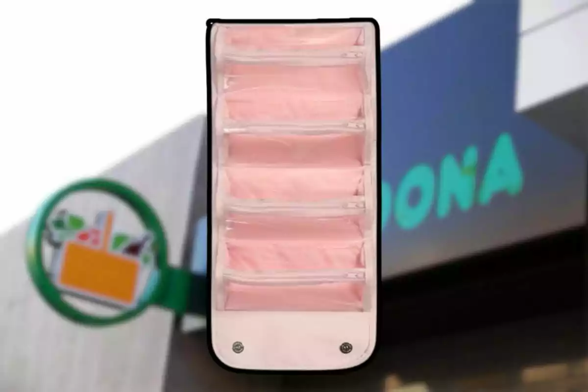 Organitzador de tela de color rosa amb diversos compartiments amb tancament; al fons s’observa el rètol d’una botiga. Organitzador de tela de color rosa amb diversos compartiments amb tancament; al fons s’observa el rètol d’una botiga.