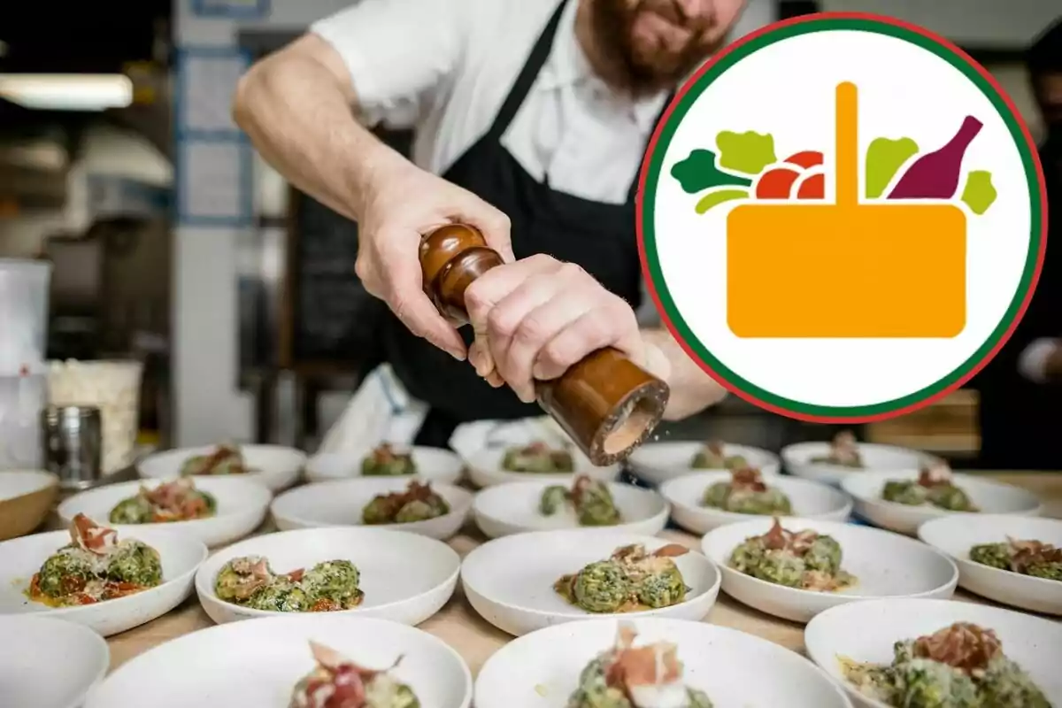 Persona sazonando varios platos de comida en una cocina profesional con un gráfico de canasta de alimentos en la esquina superior derecha Persona sazonando varios platos de comida en una cocina profesional con un gráfico de canasta de alimentos en la esquina superior derecha