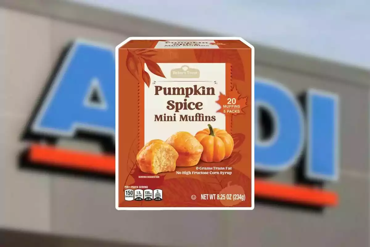 Box of Baker’s Treat pumpkin spice mini muffins with a pumpkin and two muffins on the front, in front of a blurry Aldi sign. Box of Baker’s Treat pumpkin spice mini muffins with a pumpkin and two muffins on the front, in front of a blurry Aldi sign.