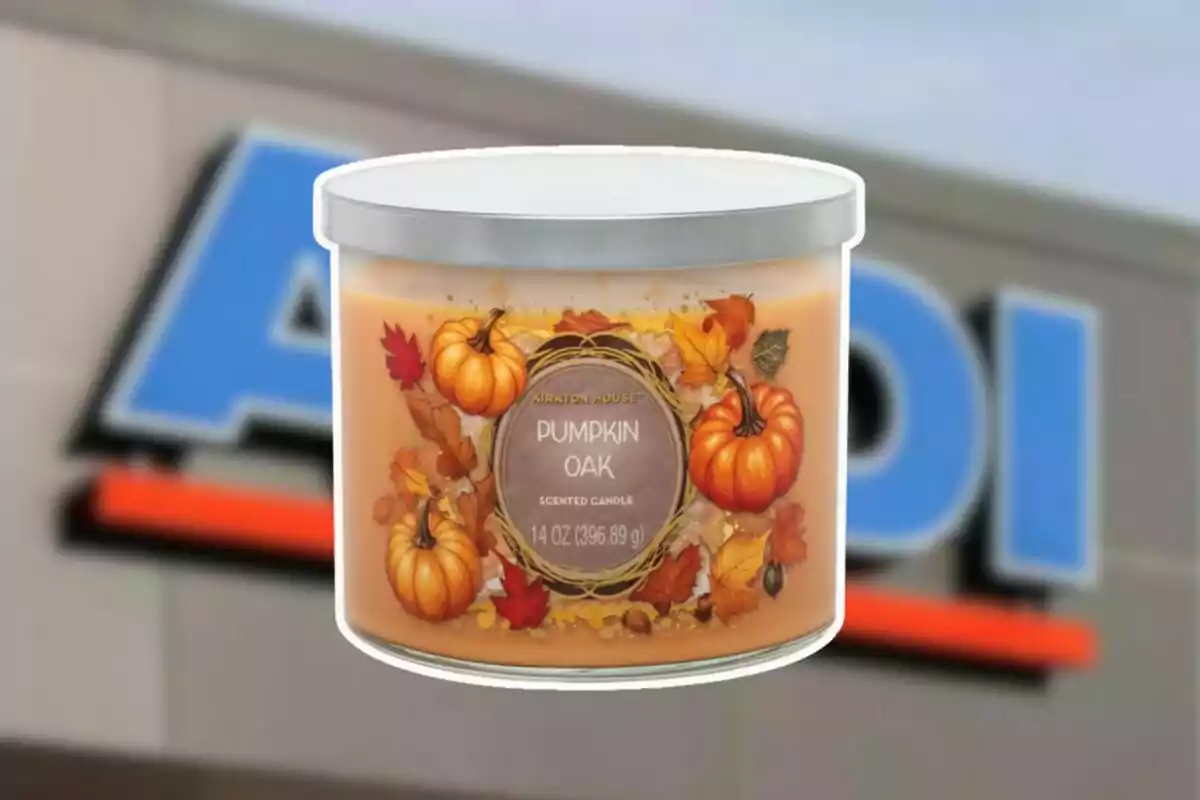 Pumpkin and oak scented candle with autumn decorations in front of a blurry Aldi store sign