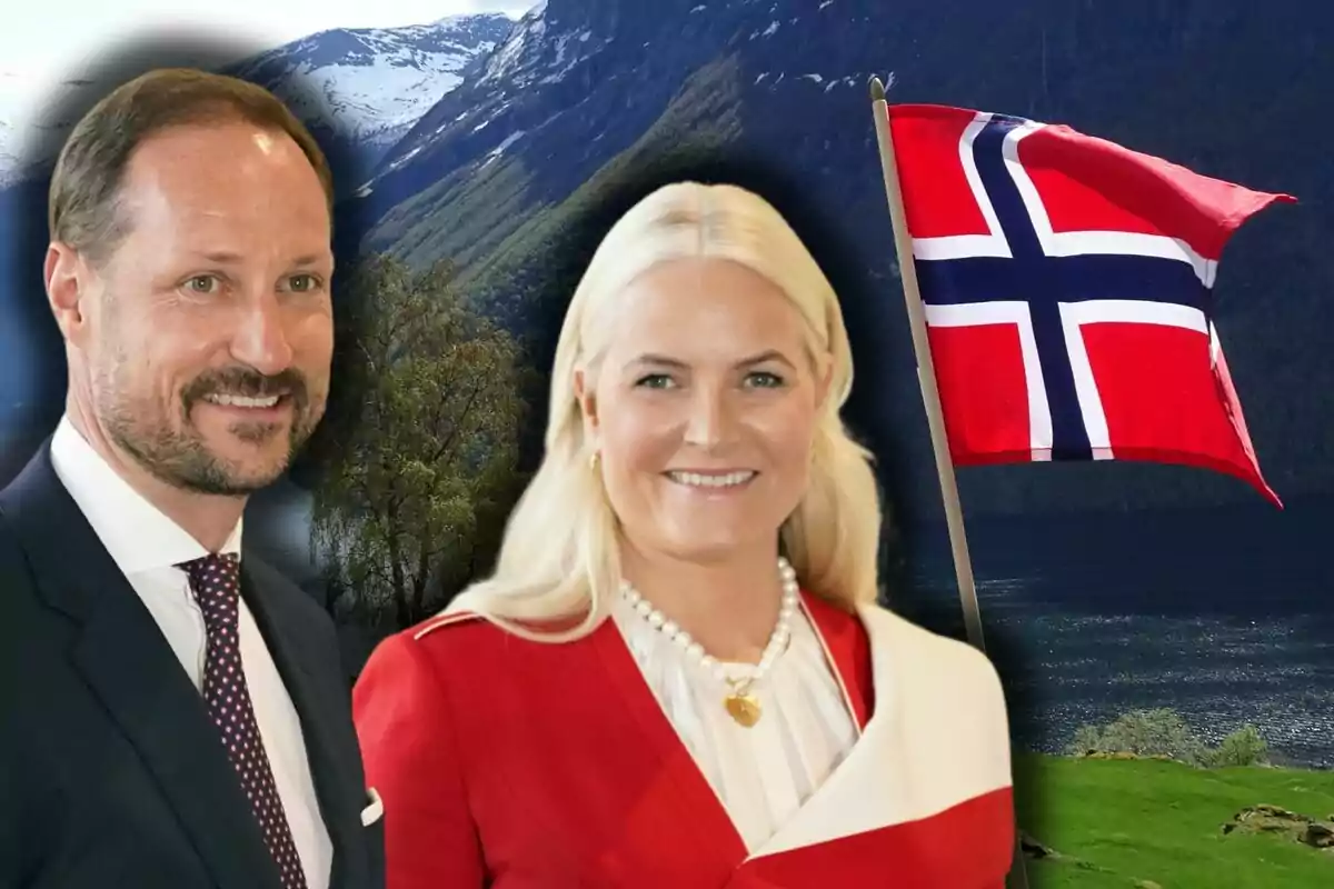 Haakon de Noruega y Mette-Marit sonriente vestida de manera elegante con un paisaje de montañas nevadas y una bandera de Noruega ondeando al fondo