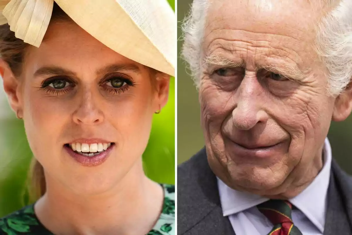 Beatriz de York i Carles III en primer pla una dona jove amb barret clar i un home gran de cabells canosos tots dos mirant cap endavant